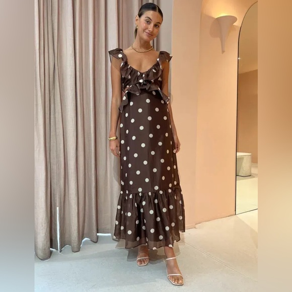 Sir The Label Vivi Frill Maxi cut out Dress brown Polka Dot ruffle Never worn - Picture 3 of 6